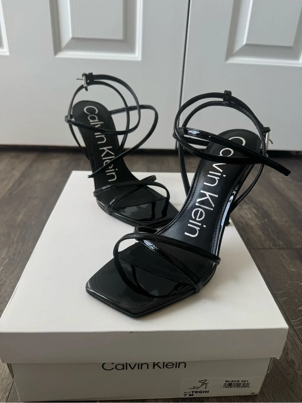 Calvin Klein Black Patent Strappy Square-Toe Heels